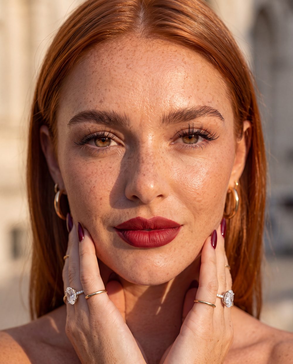 Elara Lane, close-up portret met rode lippen