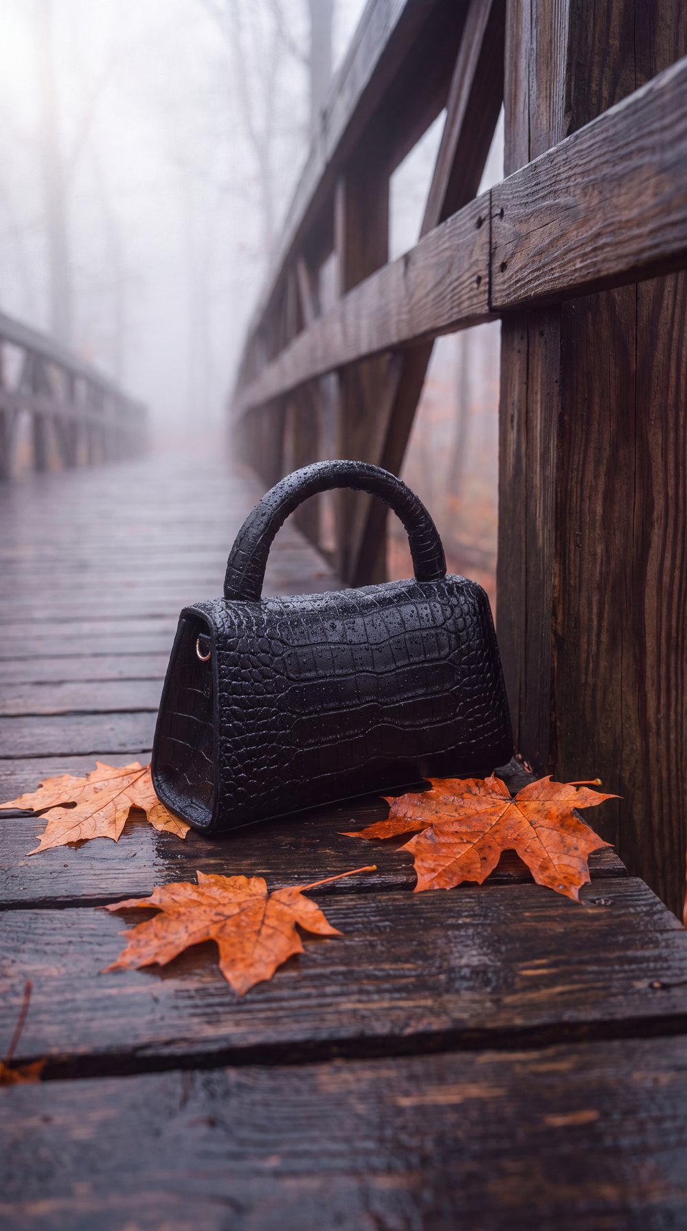 Zwarte croco-tas op een natte houten brug in de mist